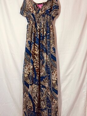 Boho Blue and Brown Printed Maxi Dress